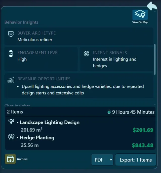 Sample AI-generated quote report showcasing behavior insights, client goals, and location analysis